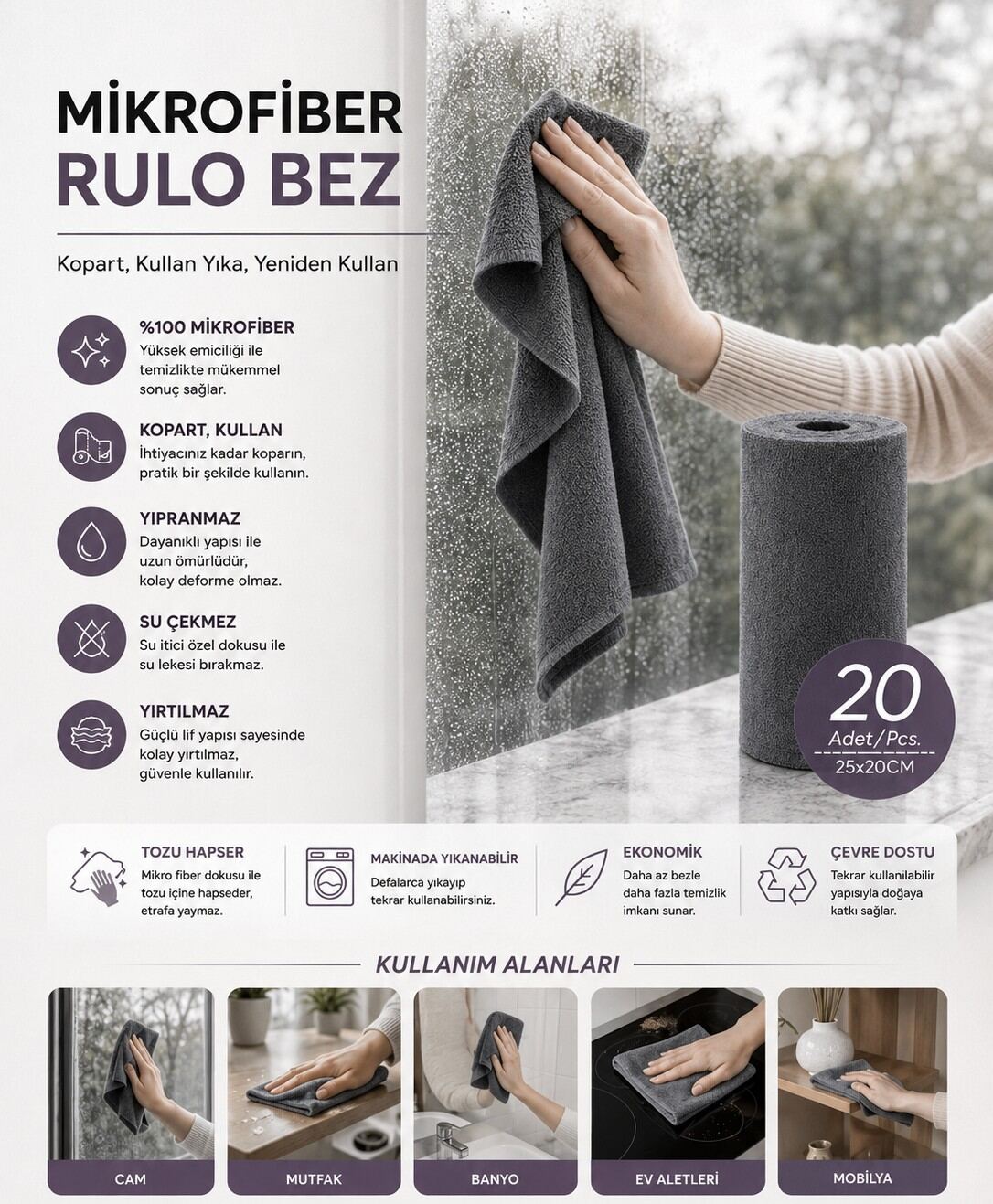 20 Lİ MİKROFİBER RULO BEZ